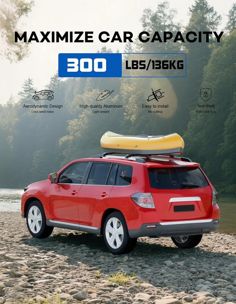 wonderdriver 300lbs Lockable Roof Rack Cross Bars Fit for Toyota Highlander 2008 2009 2010 2011 2012 2013, Heavy Duty Aluminum Lockable Roof Rails Crossbars Black Rooftop Cargo Carrier Luggage - Image 3